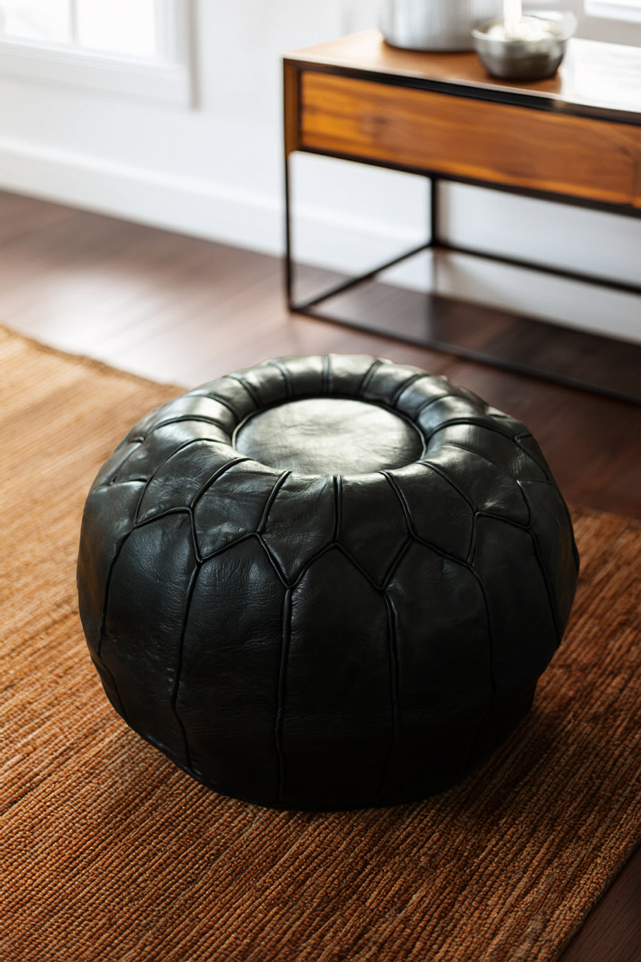 Black Luxury Round Genuine Leather Floor Pouf - 22&quot; x 14&quot; inches