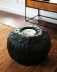 Black Luxury Round Genuine Leather Floor Pouf - 22" x 14" inches