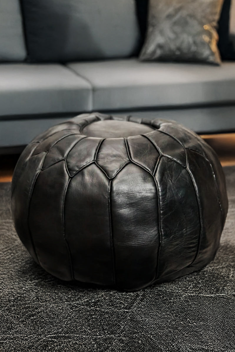 Black Luxury Round Genuine Leather Floor Pouf - 22&quot; x 14&quot; inches