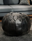 Black Luxury Round Genuine Leather Floor Pouf - 22" x 14" inches