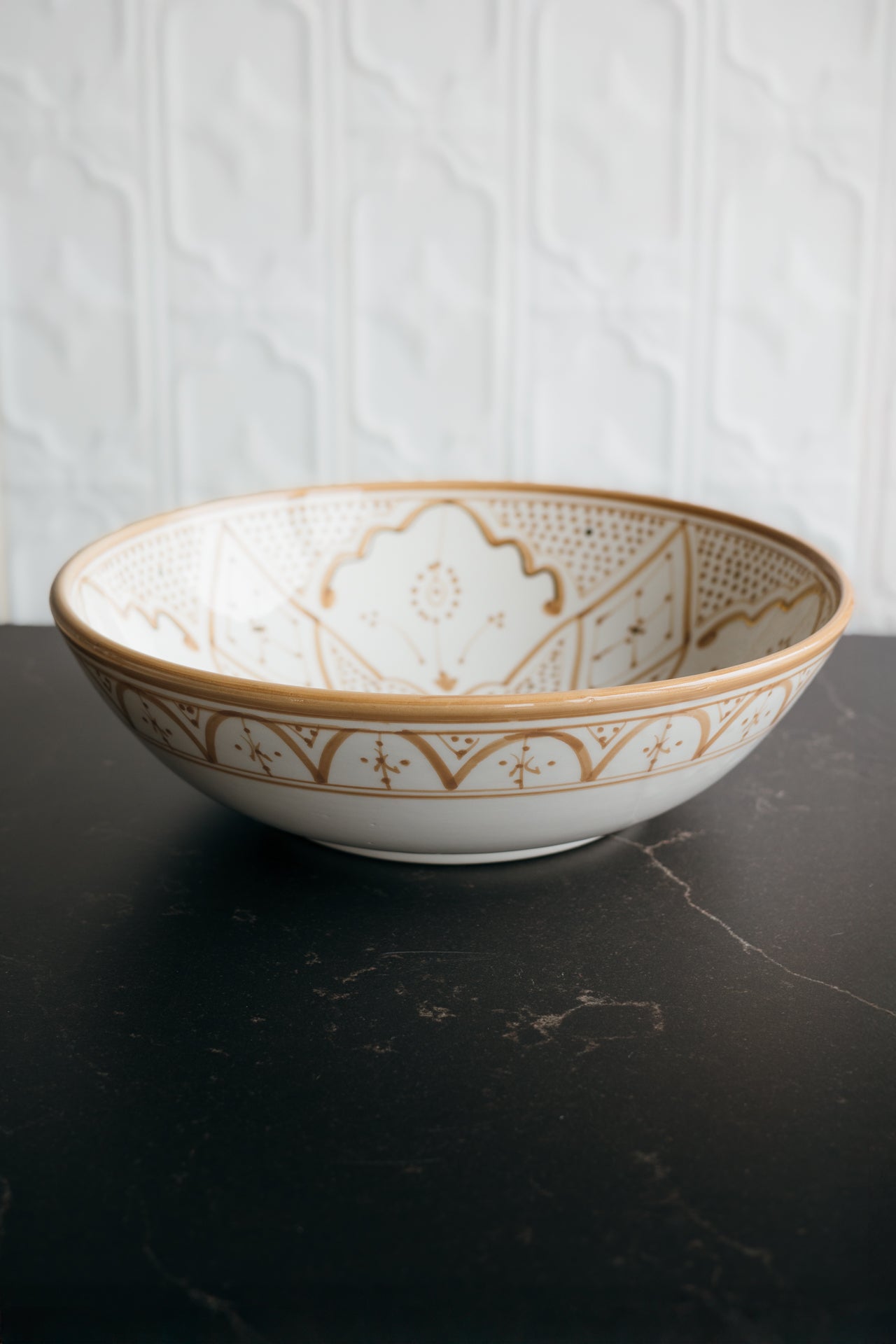 Zwak Moroccan Ceramic serving bowl with tan hand painted traditional design