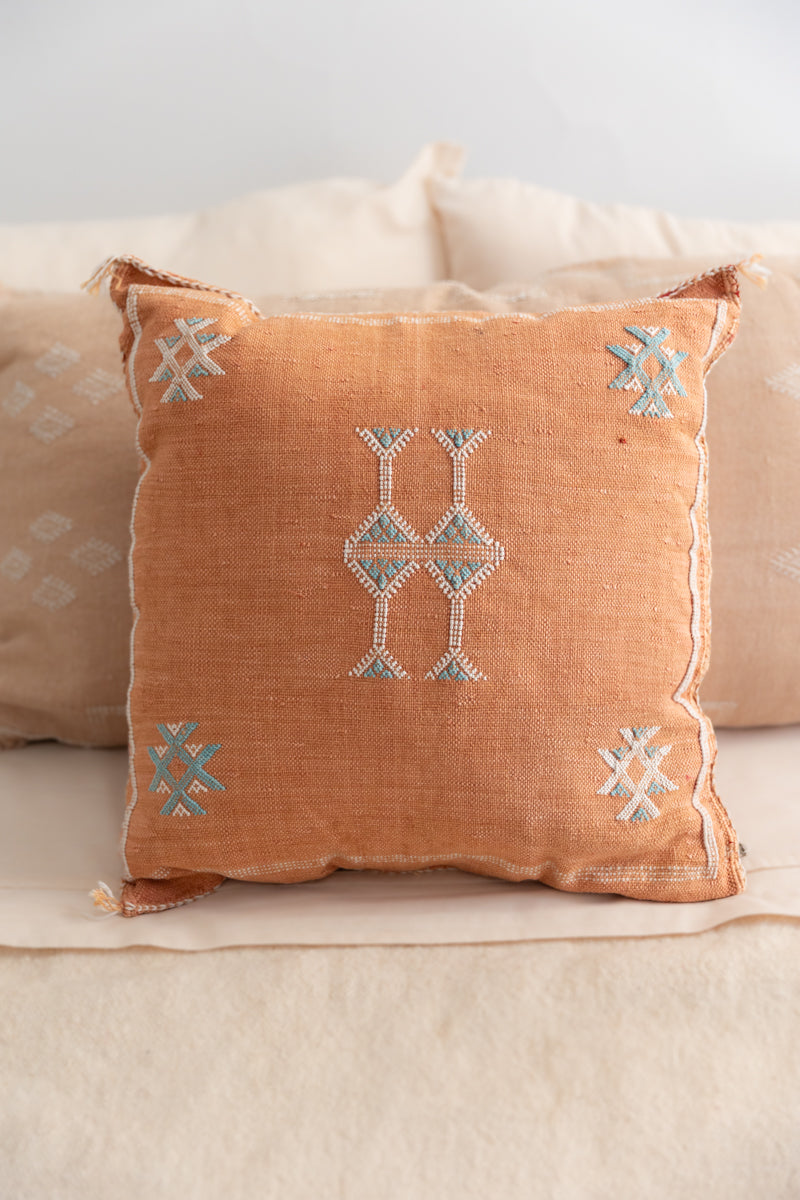 Terra Cotta Orange Embroidered Moroccan &quot;Sabra Cactus Silk&quot; Pillow - 65