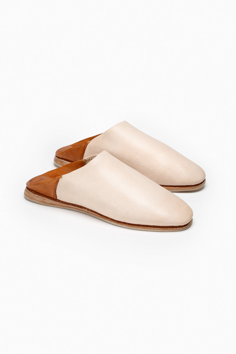 OUIVE Unisex Leather House Shoe - Light Natural Leather + Tan Heel