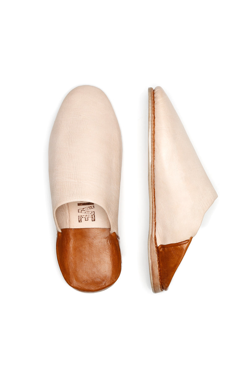 Ouive Unisex House Shoe in Light Natural undyed leather with Tan brown heel