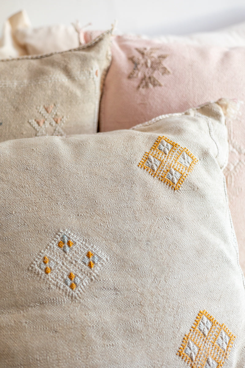 White Embroidered Moroccan &quot;Sabra Cactus Silk&quot; Pillow - 60