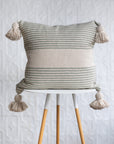 20" Moroccan Pom Pom Pillow - Cream + Sage Stripe