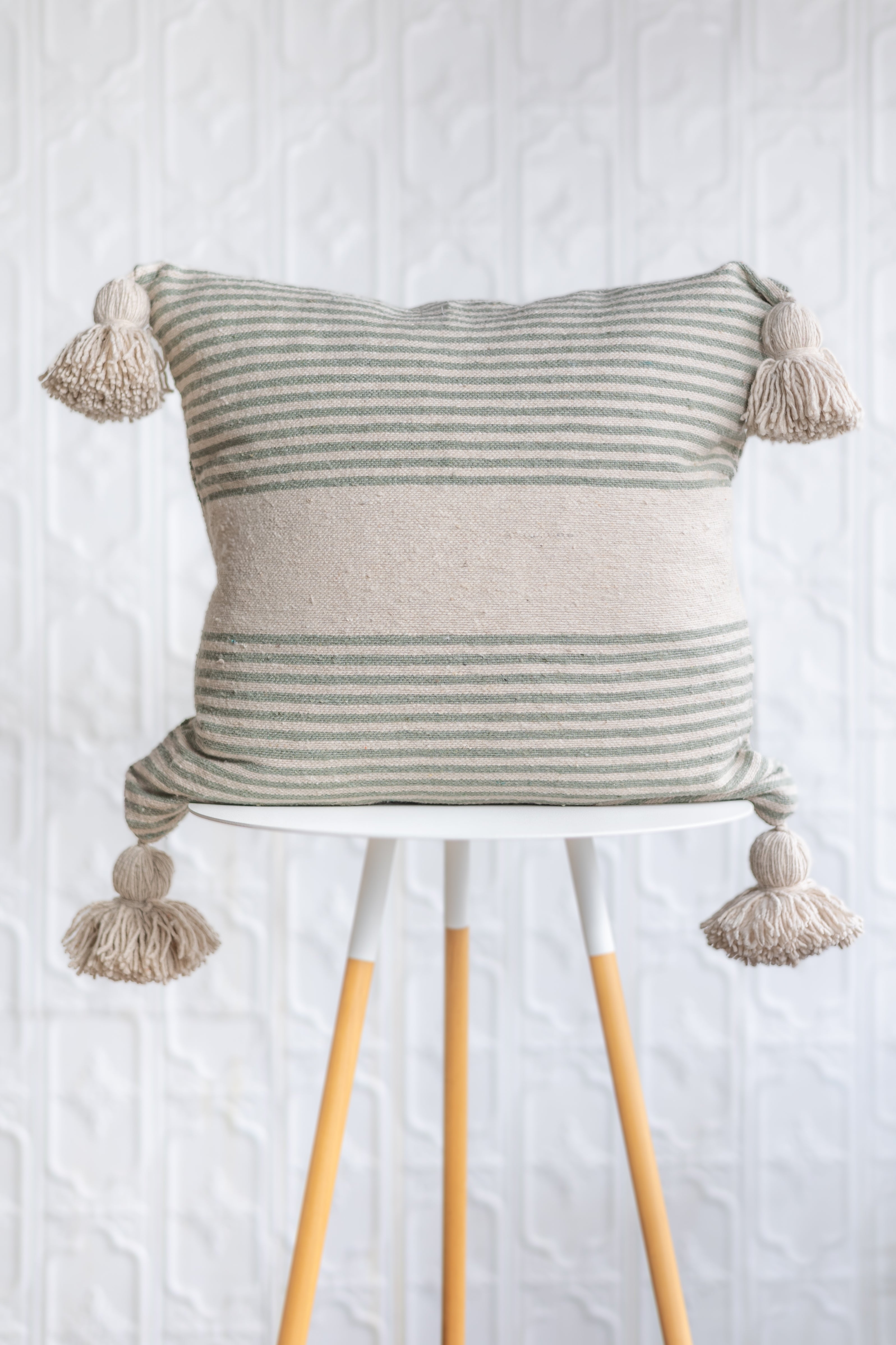 20" Moroccan Pom Pom Pillow - Cream + Sage Stripe