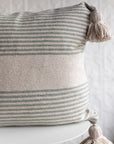 20" Moroccan Pom Pom Pillow - Cream + Sage Stripe