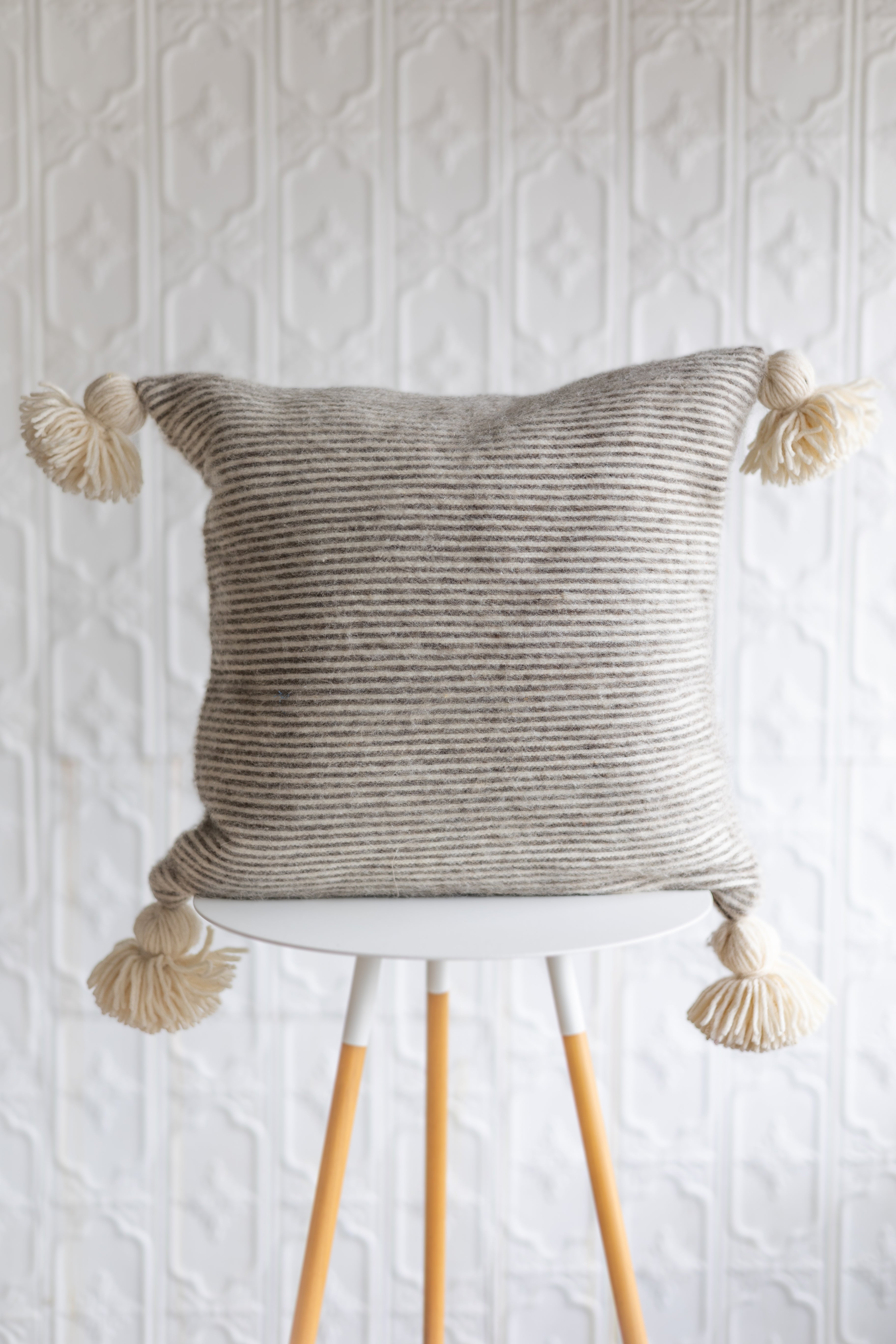 20" Wool Moroccan Pom Pom Pillow - Brown + White Pinstripe