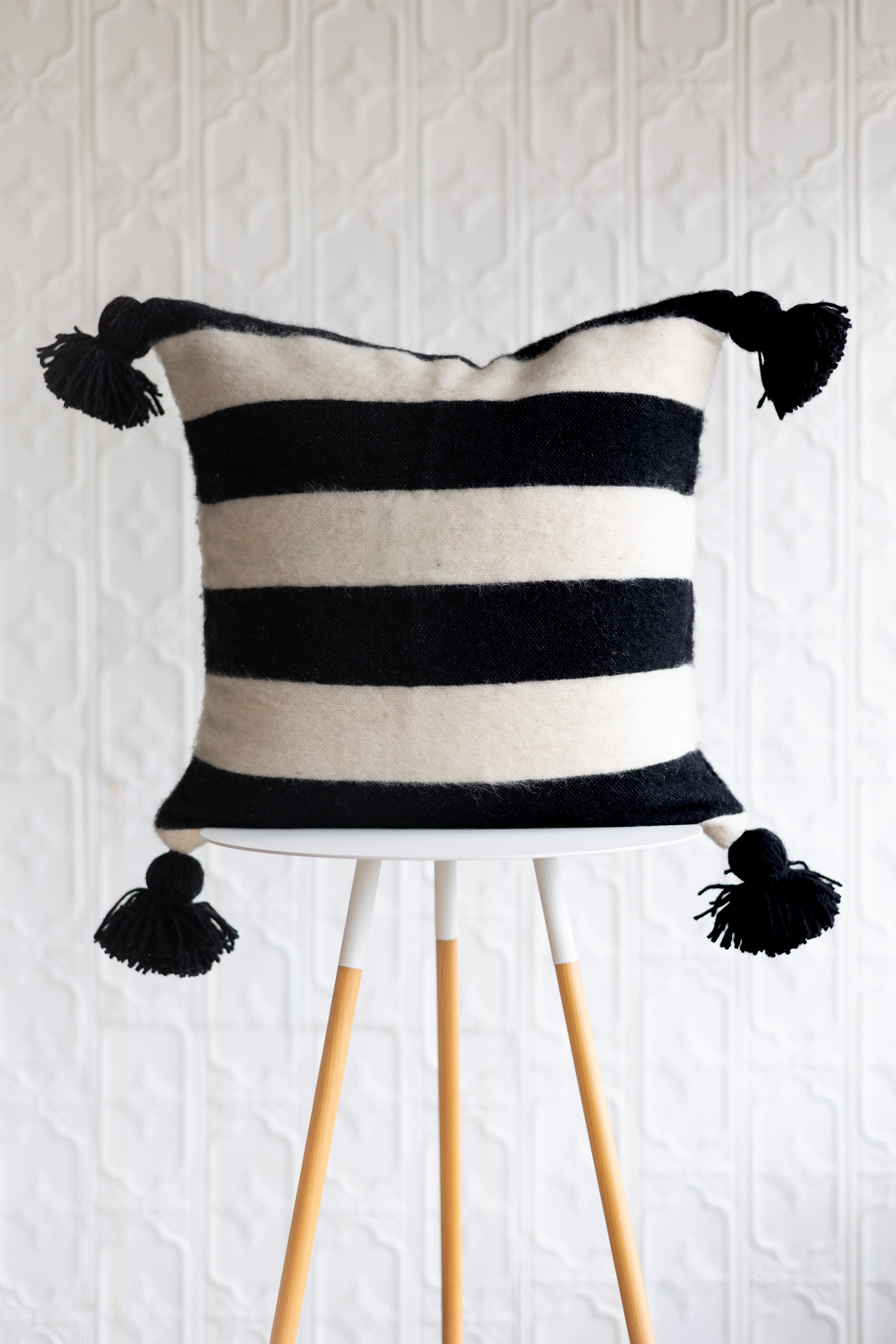 20" Wool Moroccan Pom Pom Pillow - Black + White Broad Stripe