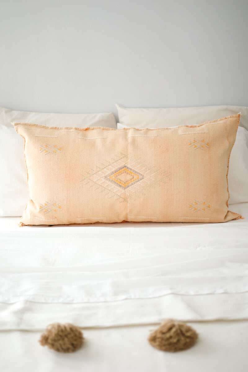 Peach Light Orange Embroidered Moroccan &quot;Sabra Cactus Silk&quot; Lumbar Pillow - 07
