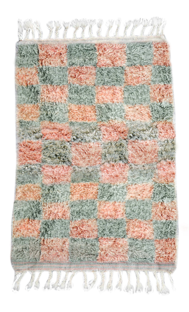 Made-to-Order Coral &amp; Sage Checker Board Moroccan Wool Area Rug - Available in 3 Color Combinations