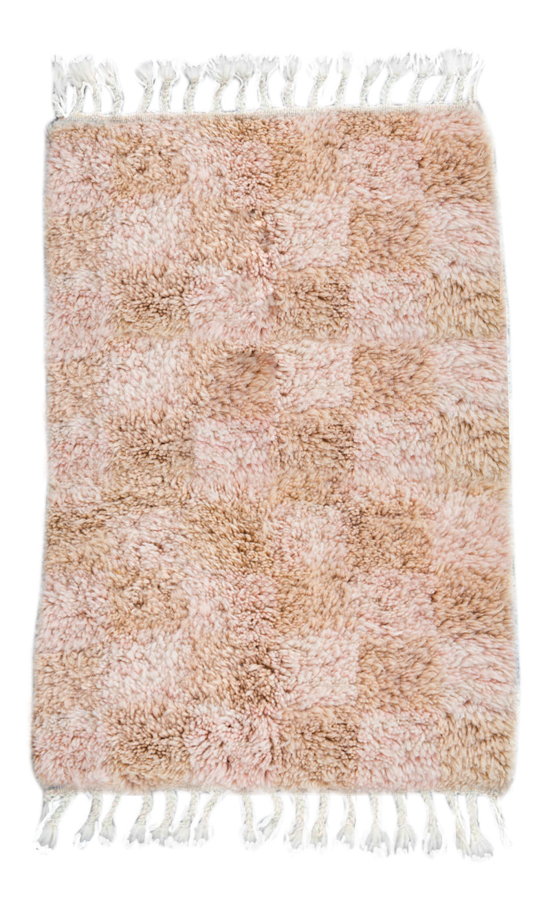 Light Pink &amp; Tan Checker Beni Mini Moroccan Wool Rug - 2x3 ft