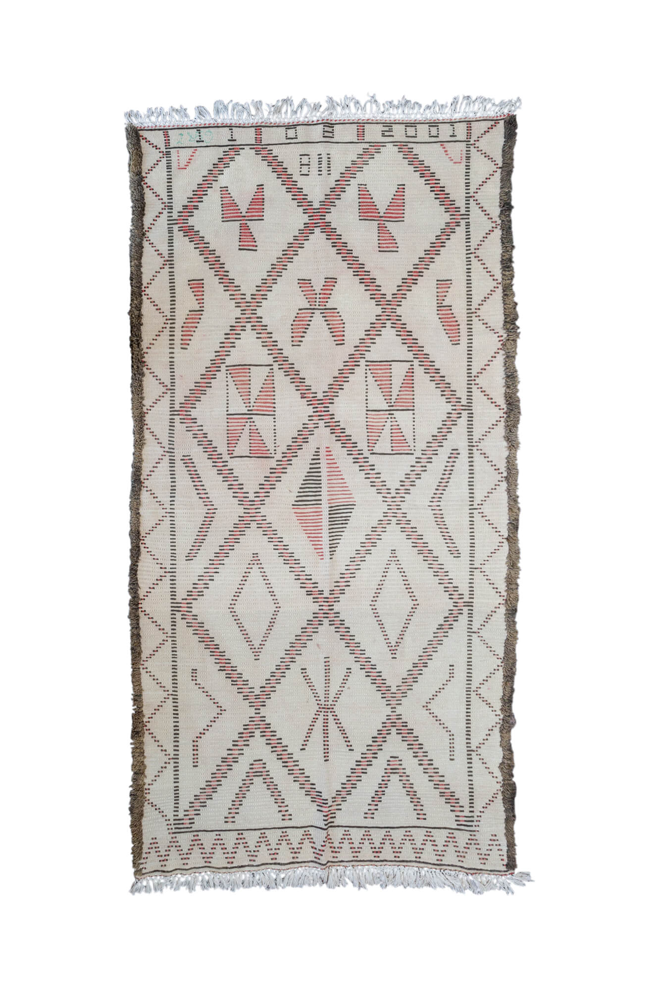 back of Natural White, Brown & Rose Marmoucha Moroccan Rug showing date it was made