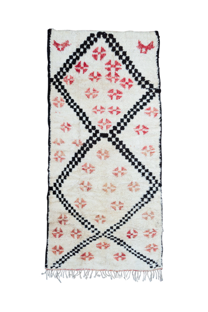 White with Black and Salmon Vintage Marmoucha Moroccan Rug