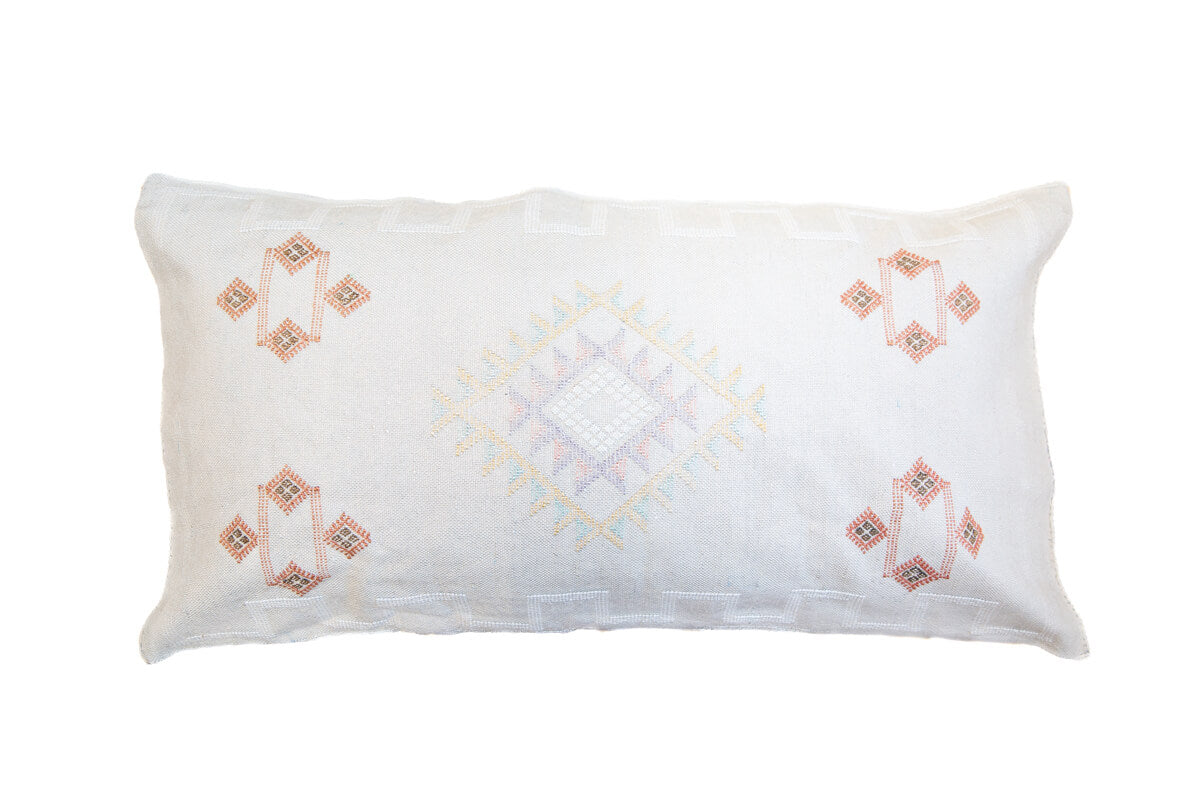 Linen Color Embroidered Moroccan &quot;Sabra Cactus Silk&quot; Lumbar Pillow - 17