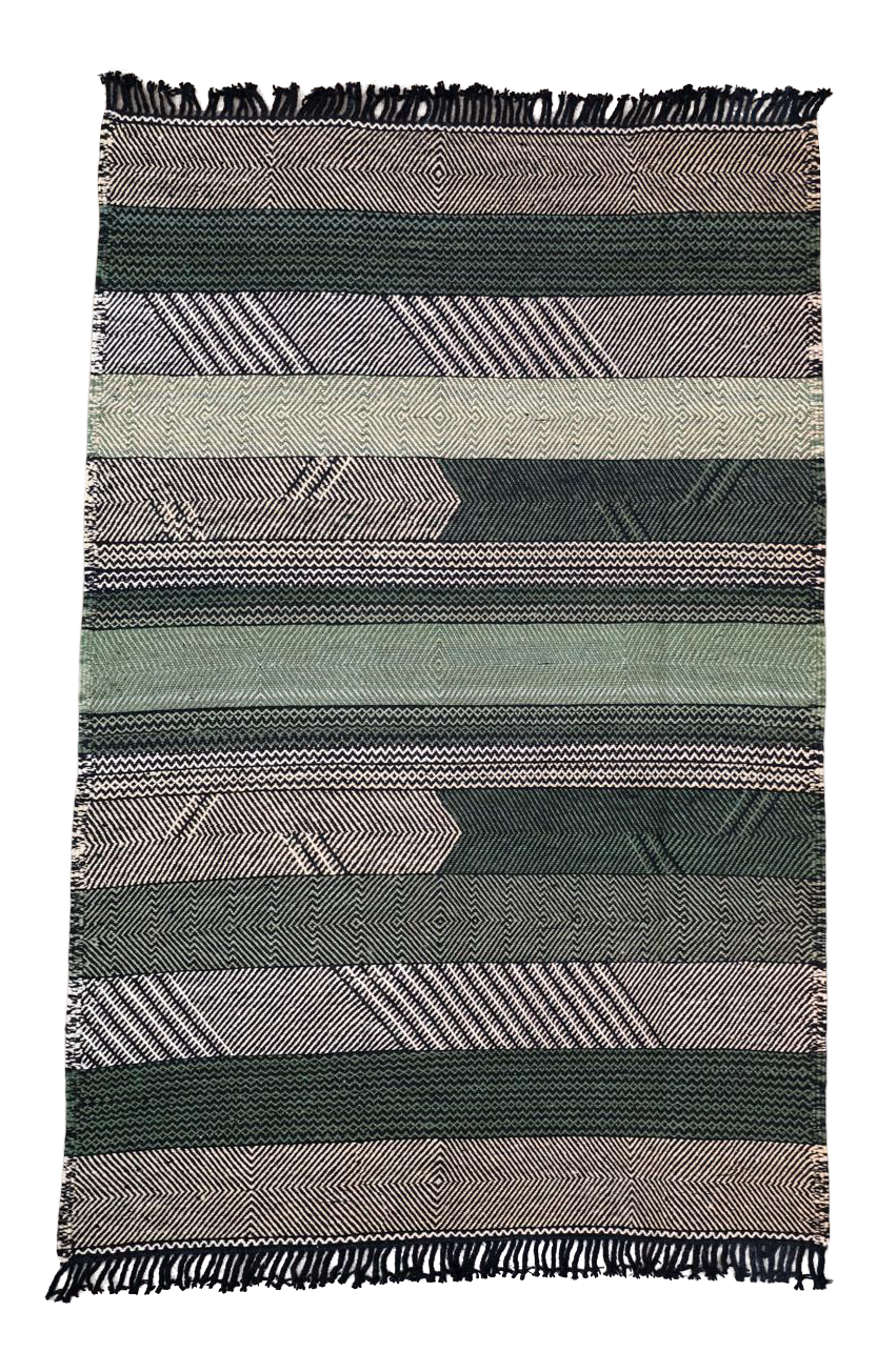 Unique Green Striped Zanafi Moroccan Wool Kilim Rug - 5'7