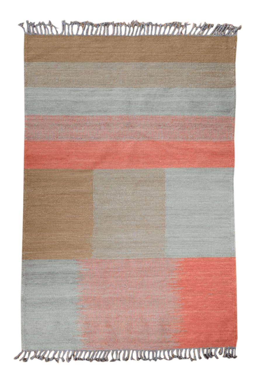 EARLY RISER- Flatweave Wool Moroccan Kilim-Chambray Blue, Olive Green and Dusty Rose - 3&#39;8&quot; x 2&#39;6&quot;