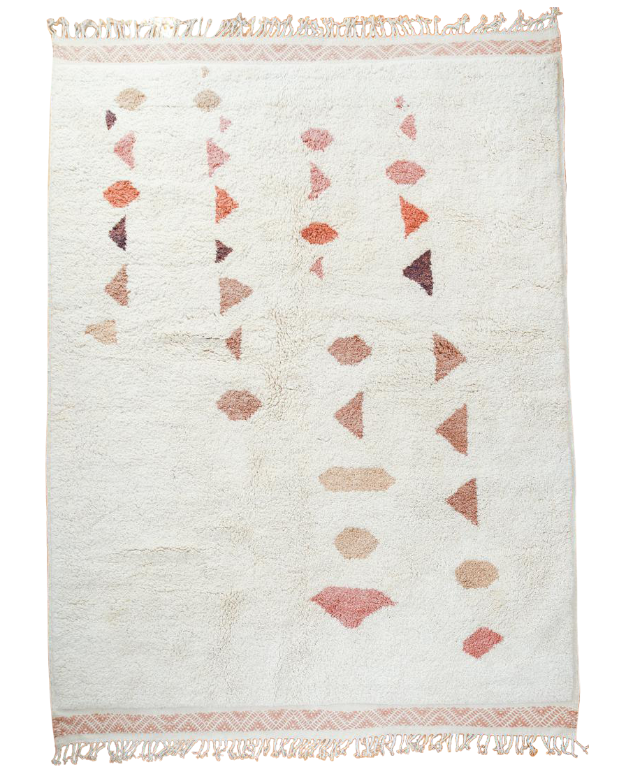 Overhead view of "SOLSTICE" Handknotted Moroccan Wool Rug in white with Rose, beige coral mauve and peach pattern