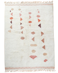 Overhead view of "SOLSTICE" Handknotted Moroccan Wool Rug in white with Rose, beige coral mauve and peach pattern