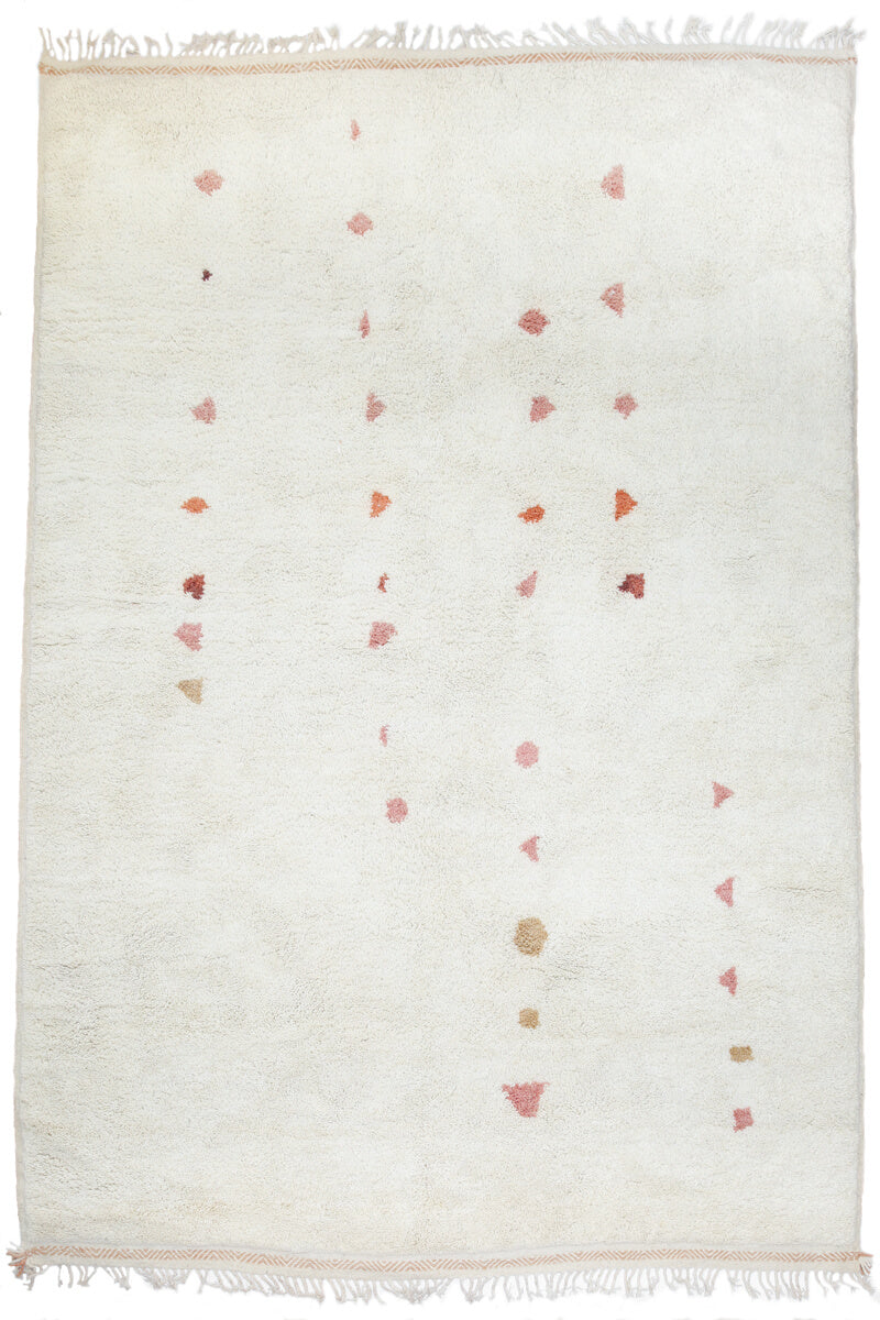 Natural White Moroccan Wool Rug With Beige, Rose, Indian Red, Eggplant & Dusty Rose Linear Dots
