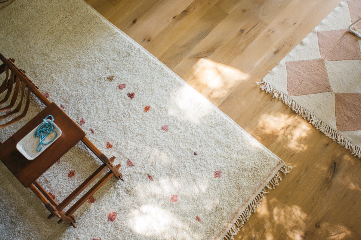 &quot;SPRING&quot; Natural White Moroccan Wool Rug With Beige, Rose, Indian Red, Eggplant &amp; Dusty Rose - 5&#39;7 x 8&#39;4&quot;