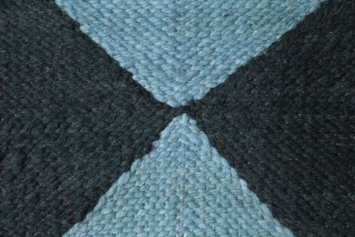 &quot;DIAMOND&quot; Checker Zanafi Flatweave Wool Rug (Made-to-Order) - Light Blue+Black