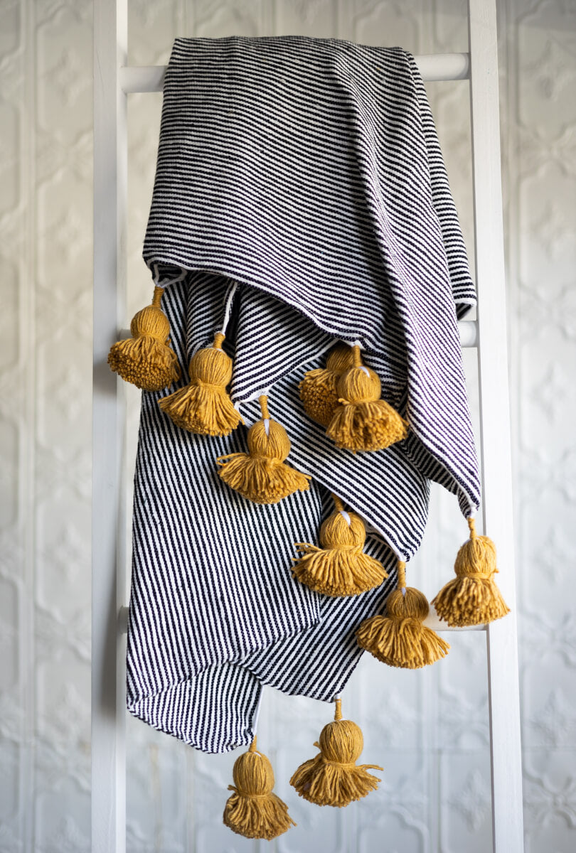 Moroccan Pom Pom Pillow Black and White Stripe with Mustard