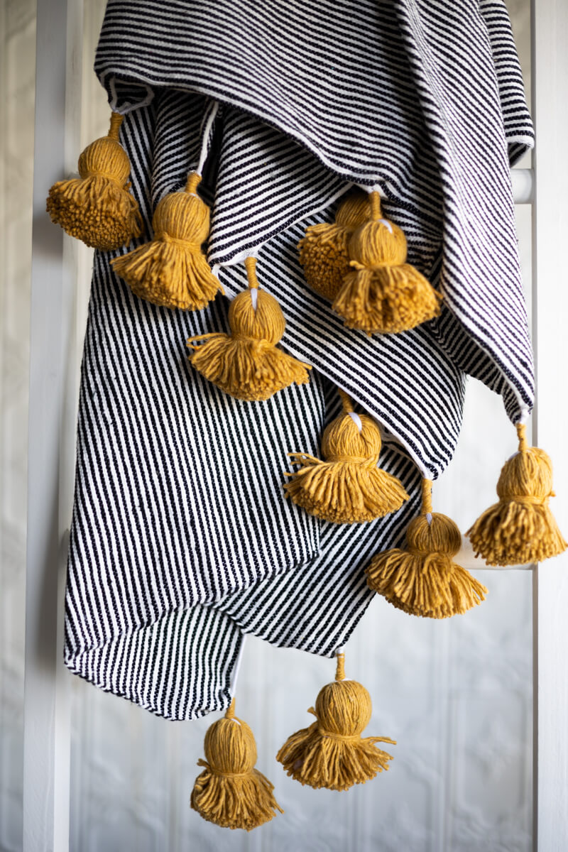 Moroccan Pom Pom Throw Blanket - Black and White Stripe with Mustard Yellow Pom-poms