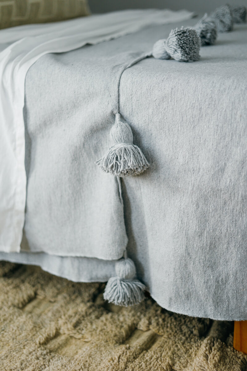 Moroccan Pom Pom Blanket Gray