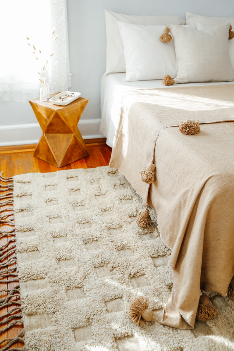 Moroccan Pom Pom Blanket Beige OUIVE Rugs