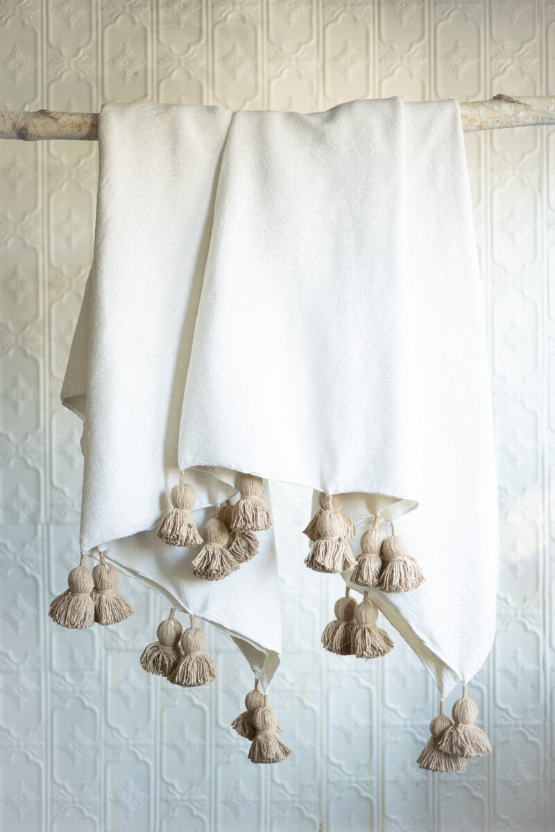 Moroccan Pom Pom Blanket - White with Beige Pom-poms