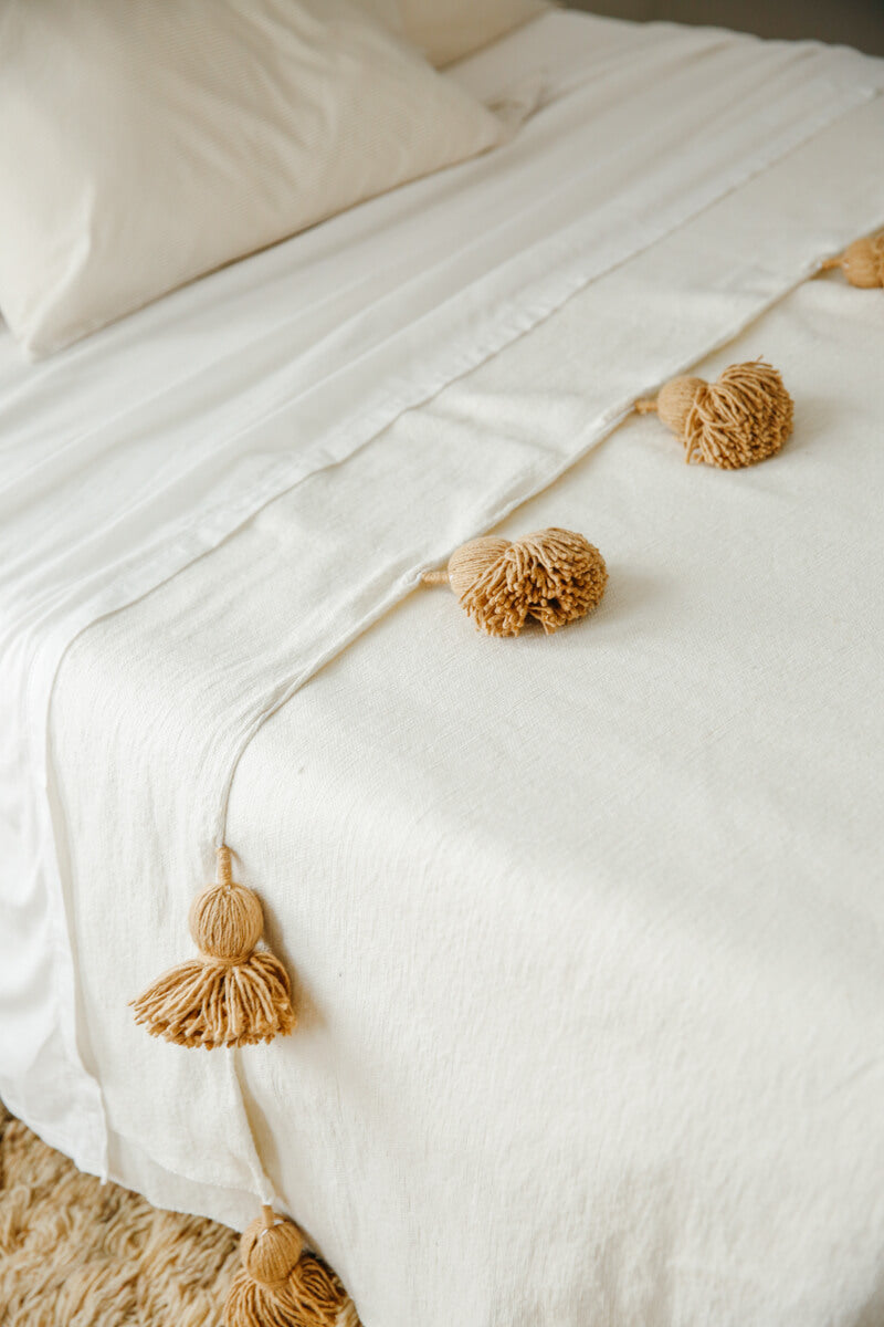 Moroccan Pom Pom Blanket White with Beige Pom poms OUIVE Rugs