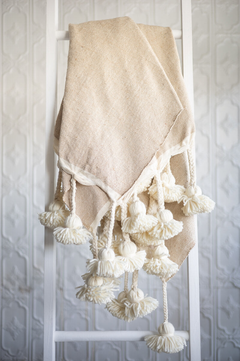 Moroccan Pom Pom Throw Blanket Cotton with Long Wool Tassels - Beige and Natural White