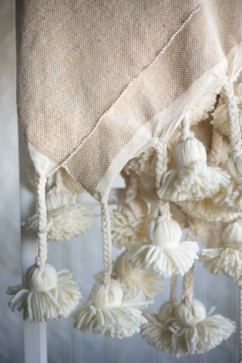 Moroccan Pom Pom Throw Blanket Cotton with Long Wool Tassels - Beige and Natural White