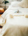 Moroccan Pom Pom Wool Blanket - Natural White