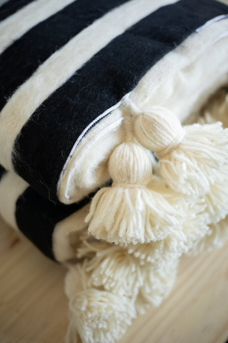 Moroccan Pom Pom Wool Blanket Natural White with Black Stripes