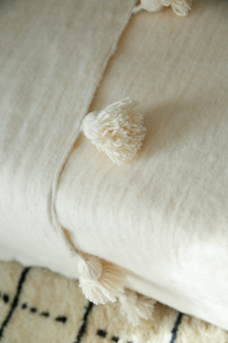 Moroccan Pom Pom Wool Blanket - Natural White with Black Stripes