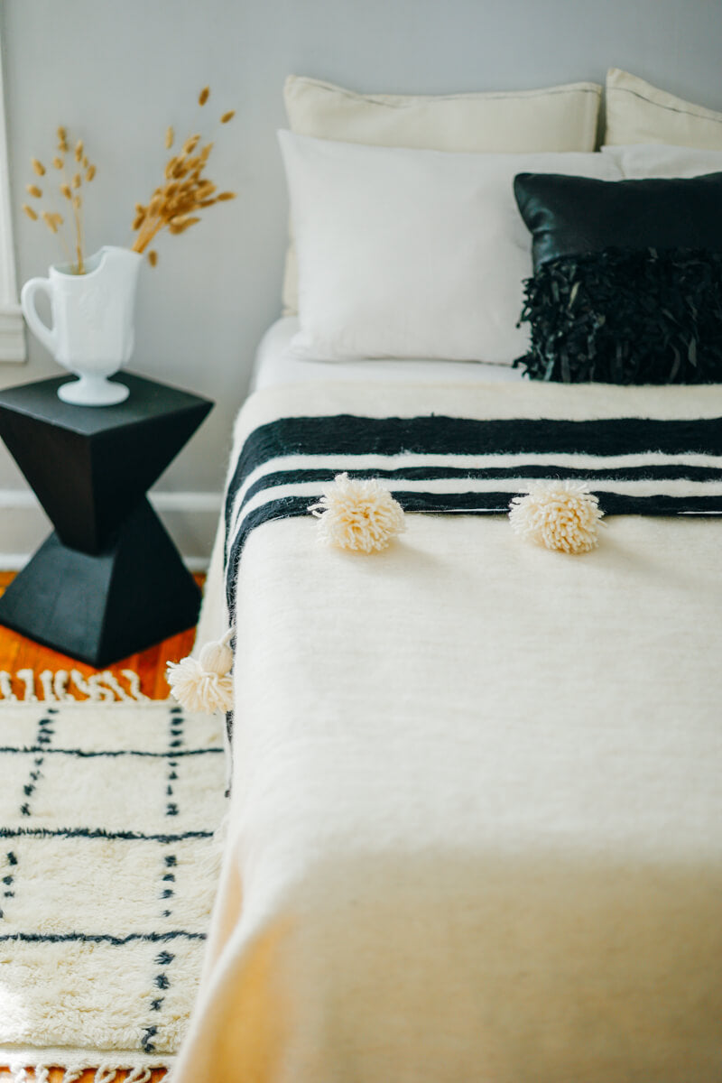 Moroccan blanket, Moroccan hotsell Pompom Blanket,bedroom blanket,moroccan throw blanket, Pom Poms Bed Cover Black and White Stripes