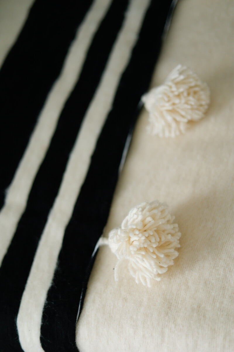 Moroccan Pom Pom Wool Blanket - Natural White with Black Stripes