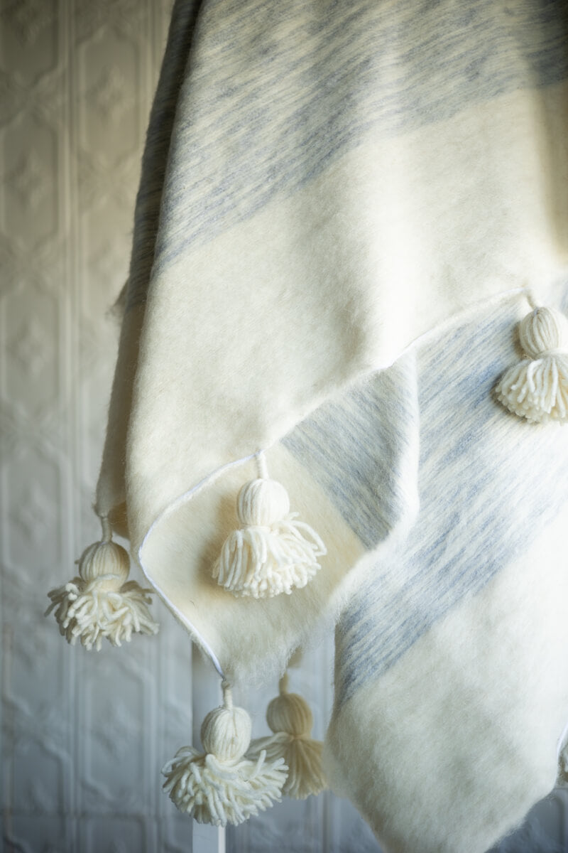 Moroccan Pom Pom Wool Throw Blanket - Ice Grey and Natural White