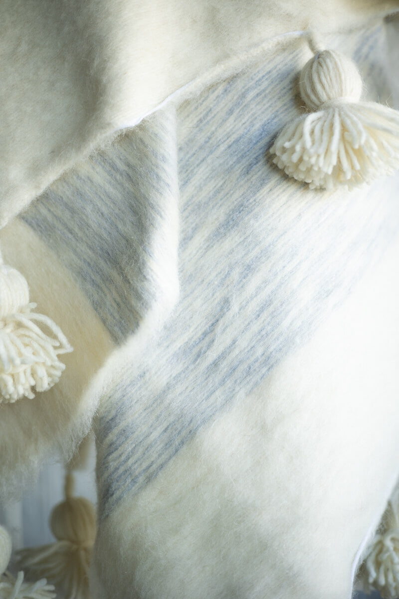 Moroccan Pom Pom Wool Throw Blanket Ice Grey and Natural White