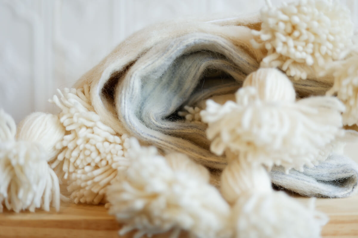 Moroccan Pom Pom Wool Throw Blanket Ice Grey and Natural White