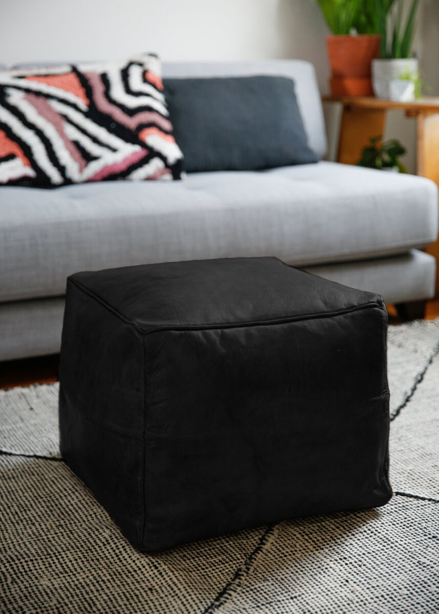 AVAILABLE FOR PRE-SALE -Hand-made natural leather pouf cube - 18&quot;x18&quot;x14&quot; inches - Available in Brown, Black and White