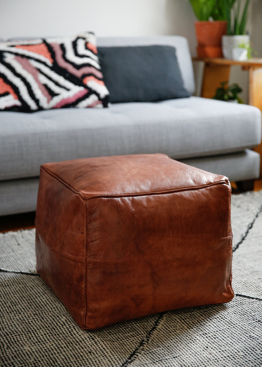 AVAILABLE FOR PRE-SALE -Hand-made natural leather pouf cube - 18&quot;x18&quot;x14&quot; inches - Available in Brown, Black and White