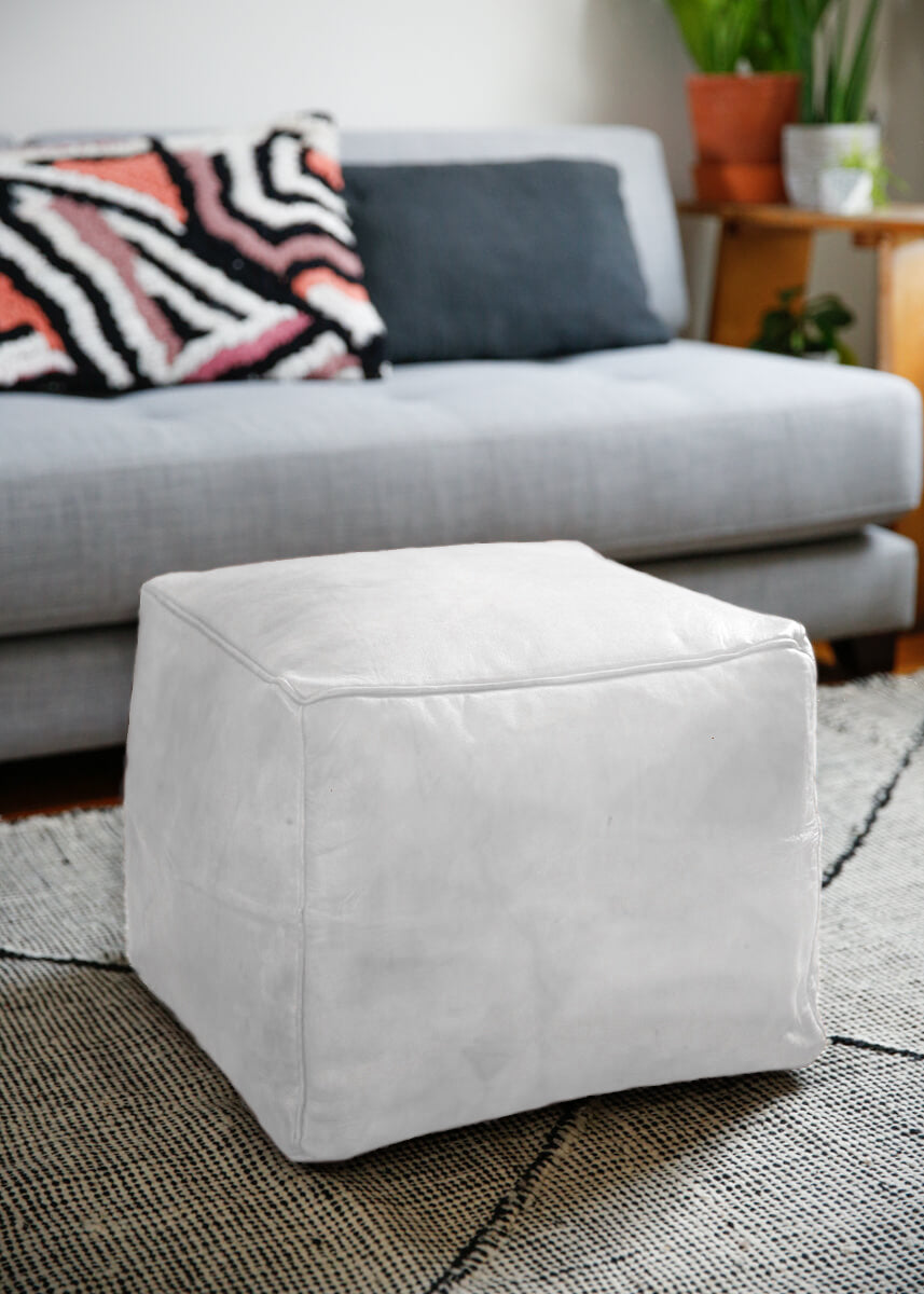 AVAILABLE FOR PRE-SALE -Hand-made natural leather pouf cube - 18&quot;x18&quot;x14&quot; inches - Available in Brown, Black and White