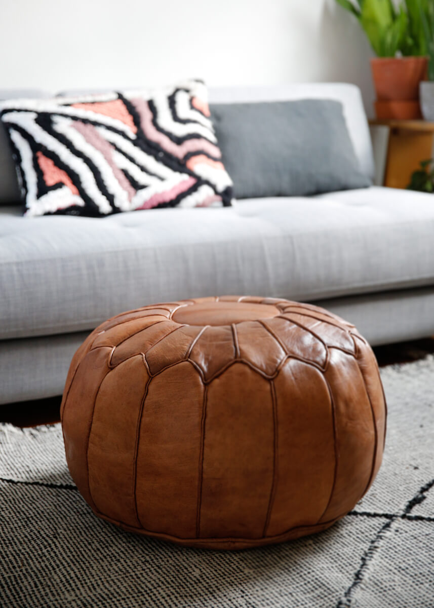 Toffee colored round natural leather pouf - 22&quot;x14&quot;inches