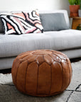 Toffee colored round natural leather pouf - 22"x14"inches