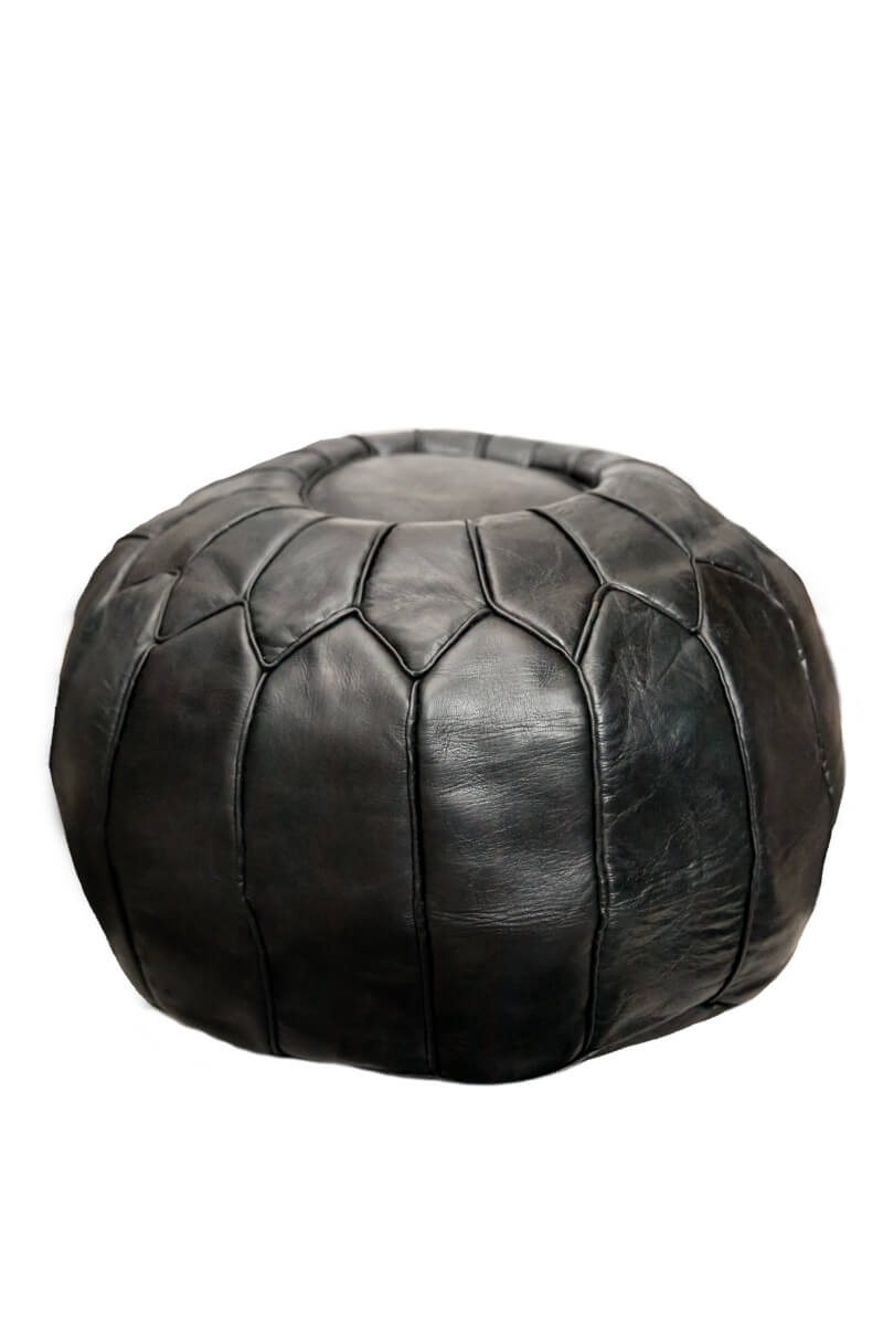 Black Natural Genuine Leather Round Floor Pouf - 22&quot; x 14&quot; inches