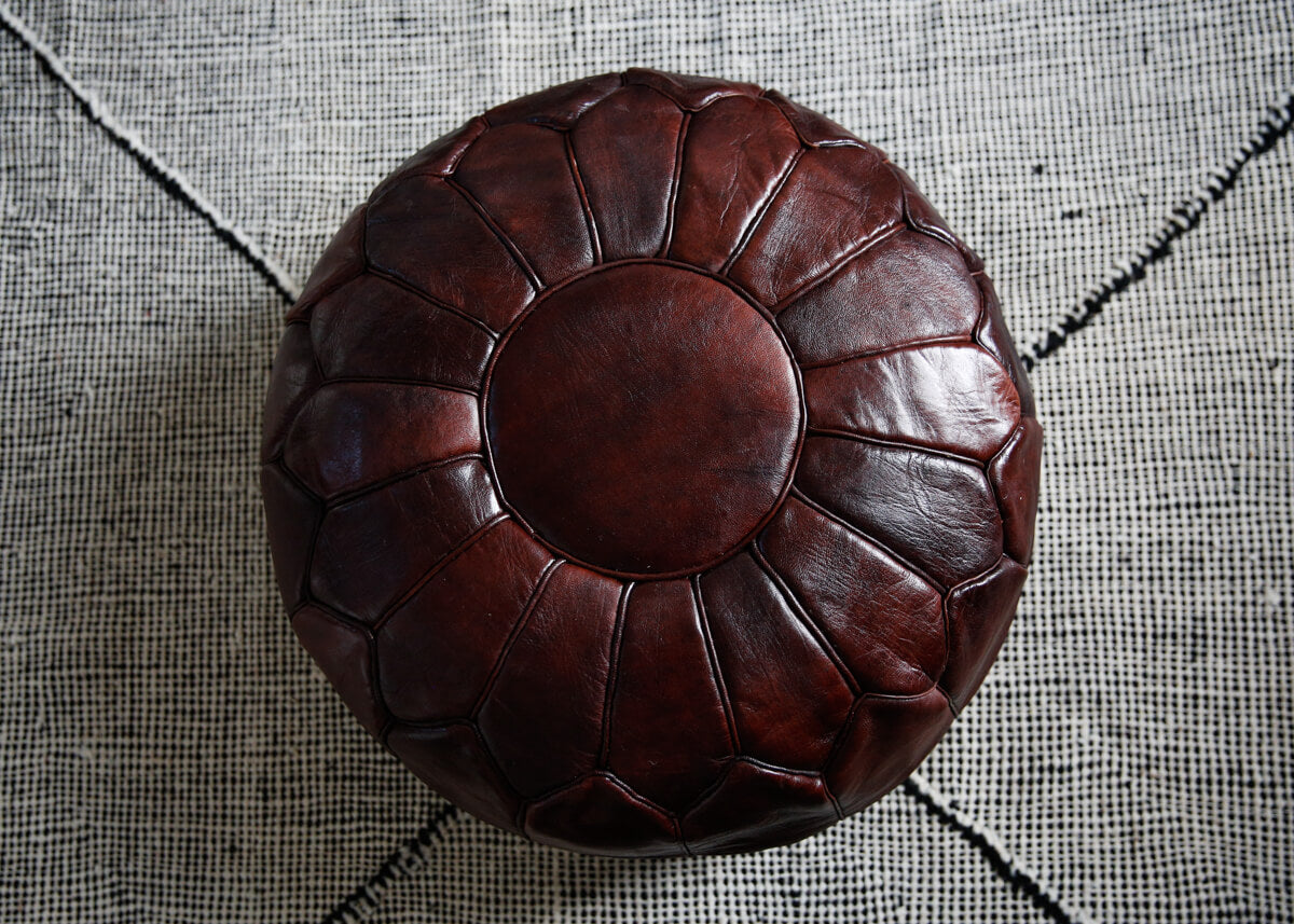 Mahogany colored round natural leather pouf - 22&quot;x14&quot;inches